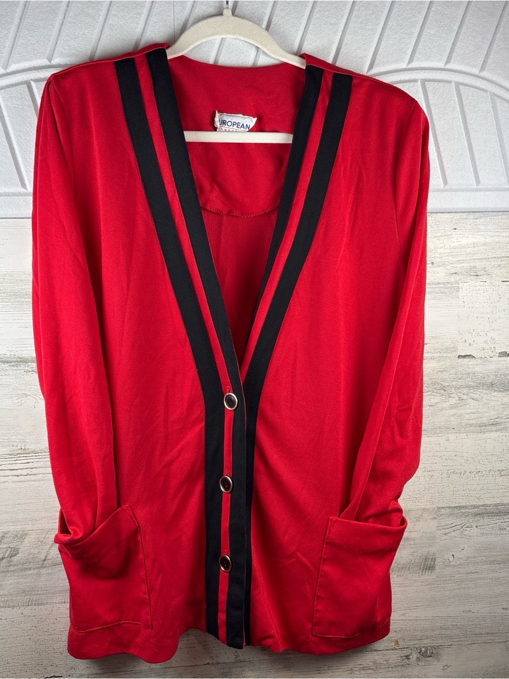 European Culture Red Cardigan with Black Trim and Gold Button